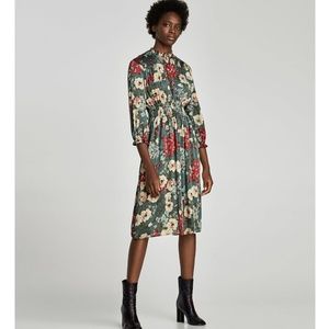 Zara Floral Print Green Midi Dress Sz Small
